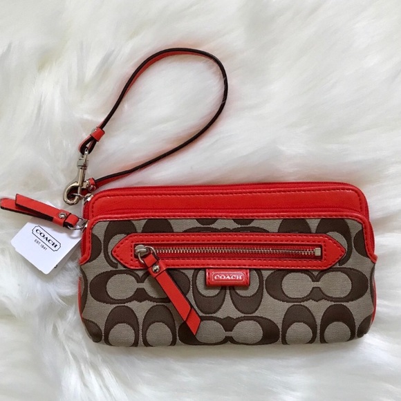 Coach Handbags - 🆕 Coach Signature Khaki Orange Wristlet Wallet